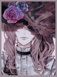  1other aegyo_sal akiyama_mizuki black_ribbon border brown_border commentary_request drill_hair drill_ponytail drill_sidelocks expressionless eyelashes flower high_side_ponytail highres keikyoku_no_machi_wa_doko_e_(project_sekai) lace lace-trimmed_veil lace_trim lips looking_at_viewer medium_hair mi_mintia3010 multicolored_flower multicolored_rose neck_ribbon official_alternate_costume other_focus partial_commentary pink_eyes pink_flower pink_hair pink_lips pink_rose pink_theme ponytail portrait project_sekai purple_flower purple_rose ribbon rose see-through_clothes see-through_veil shirt side_ponytail sidelocks solo twitter_username upper_body veil watermark white_shirt 