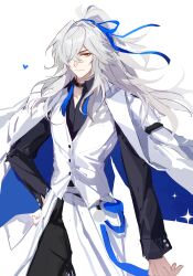  1boy absurdres black_choker black_pants black_shirt blue_ribbon choker coat commentary hair_over_one_eye hair_ribbon high_ponytail highres honkai:_star_rail honkai_(series) jacket jacket_on_shoulders jing_yuan jing_yuan_(chapanda) long_hair long_sleeves male_focus mole mole_under_eye official_alternate_costume pants ponytail ribbon shirt simple_background solo tassel vest white_background white_hair white_jacket white_vest yellow_eyes yimi_(jwee7342) 