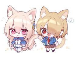  2girls :3 :d animal_ear_fluff animal_ears arms_at_sides blonde_hair blue_jacket blush_stickers brown_skirt cat_ears cat_girl cat_tail chibi chibi_only commentary_request extra_ears full_body hair_between_eyes hair_over_one_eye hand_up heaven_burns_red highres jacket kayamori_ruka kemonomimi_mode korean_commentary long_bangs long_hair medium_hair milchu miniskirt motion_lines multiple_girls musical_note necktie notice_lines one_eye_covered open_clothes open_jacket open_mouth pantyhose parted_lips paw_print plaid_clothes plaid_skirt pleated_skirt red_eyes red_necktie shirakawa_yuina shirt simple_background skirt smile speech_bubble spoken_musical_note standing tail tail_raised tail_wagging very_long_hair white_background white_pantyhose white_shirt white_skirt 