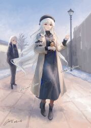  2girls absurdres alternate_costume arknights asic_(2595268715) beret black_boots black_dress black_hair black_jacket black_sweater blue_scarf boots braid coat commentary_request commission dated dress grey_pants hands_in_pockets hat highres holding holding_stuffed_toy jacket lamppost long_hair long_sleeves multiple_girls open_clothes open_coat pants red_eyes sailor_collar scarf signature single_braid skadi_(arknights) specter_(arknights) stuffed_toy sweater tree turtleneck turtleneck_sweater white_coat white_hair 