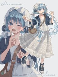  1girl :d bag bag_bow blue_bow blue_eyes blue_flower blue_hair blue_jacket blue_shoes bow brown_bag buttons collarbone collared_jacket colored_eyelashes commentary_request cropped_jacket denim denim_jacket dress english_text finger_to_mouth flower grey_background haimiya_neno hair_bow hair_flower hair_ornament hand_up handbag headdress highres index_finger_raised jacket lace-trimmed_dress lace_trim long_dress long_hair looking_at_viewer low_twintails multiple_views no_socks one_eye_closed open_clothes open_jacket open_mouth original outline pleated_dress shoelaces shoes shoulder_bag simple_background smile sneakers spaghetti_strap standing standing_on_one_leg three-quarter_sleeves twintails very_long_hair white_bow white_dress white_headdress white_outline wispy_bangs 
