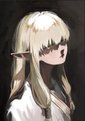  1girl absurdres blonde_hair brown_background closed_mouth commentary_request earclip elf expressionless from_side glowing glowing_eyes hair_tubes highres long_hair looking_at_viewer low-tied_sidelocks painterly pointy_ears ringed_eyes robe serie_(sousou_no_frieren) shaded_face sidelocks simple_background solo sousou_no_frieren sushirice_0 upper_body white_robe yellow_eyes 