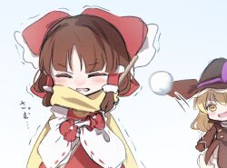 2girls ascot black_coat black_mittens blonde_hair blush bow closed_eyes coat cold commentary_request deformed detached_sleeves facing_viewer forbidden_scrollery frilled_bow frilled_hair_tubes frills gagaku_kawa_rei hair_bow hair_tubes hakurei_reimu hat hat_bow kirisame_marisa mittens multiple_girls official_alternate_costume open_mouth purple_bow red_bow red_mittens red_skirt ribbon-trimmed_sleeves ribbon_trim scarf skirt skirt_set smile snowball throwing touhou trembling witch_hat yellow_ascot yellow_eyes yellow_scarf 
