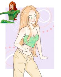  1girl artist_name blush bodysuit camisole commentary cowboy_shot eyeshadow green_bodysuit green_camisole green_eyes green_eyeshadow hair_slicked_back highres long_hair looking_to_the_side makeup nyawoostudio orange_hair pants pink_lips reference_inset sam_(totally_spies!) smile solo totally_spies! 