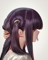  1girl absurdres alternate_hairstyle commentary fern_(sousou_no_frieren) from_side hair_over_shoulder hair_ribbon hair_tie_in_mouth hand_in_own_hair highres holding_own_hair mouth_hold portrait profile purple_hair ribbon ribbon_in_mouth simple_background solo sousou_no_frieren the_antin tying_hair violet_eyes white_background white_ribbon 