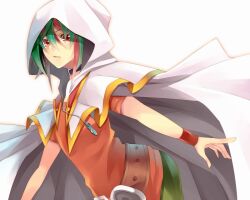  1boy akisaki anatomical_nonsense belt black_choker brown_belt choker cloak colored_bangs facing_to_the_side green_hair green_pants hood hood_up hooded_cloak leaning_forward looking_to_the_side male_focus outstretched_arm pants pendulum red_eyes red_shirt sakaki_yuya shirt walking white_background white_cloak wrist_cuffs yu-gi-oh! yu-gi-oh!_arc-v 