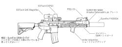  assault_rifle blue_archive blueprint_(object) commentary_request eotech flashlight foregrip gun h&amp;k_hk416 highres laser_sight magazine_(weapon) no_humans rifle sekino_takehiro sight_magnifier suppressor weapon 