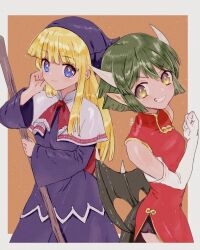  2girls back-to-back bare_shoulders blonde_hair border bow bowtie capelet china_dress chinese_clothes commentary draco_centauros dragon_girl dragon_horns dragon_tail dragon_wings dress elbow_gloves gloves green_hair hat highres horns long_hair looking_at_viewer multiple_girls orange_background outside_border pointy_ears purple_dress purple_hat puyopuyo red_bow red_bowtie red_dress short_hair side_slit simple_background sleeveless sleeveless_dress smile tail untranslatable_commentary v-shaped_eyebrows violet_eyes white_border white_capelet white_gloves wings witch_(puyopuyo) yellow_eyes yyemoyy 