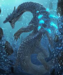  absurdres air_bubble blue_scales bubble claws commentary_request highres horns lagiacrus monster monster_hunter_(series) no_humans nutuki open_mouth red_eyes rock scales sea_monster sharp_teeth spines swimming tail teeth underwater water 