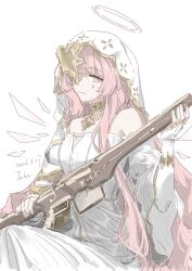  1girl absurdres ambience_synesthesia arknights chinese_commentary closed_mouth commentary_request cowboy_shot dated detached_wings disembodied_hand dress energy_wings facial_mark gold_collar gun halo highres holding holding_weapon lemuen_(arknights) lemuen_(requiem_vesperis)_(arknights) long_hair looking_at_viewer mark_under_eye official_alternate_costume one_eye_covered pink_eyes pink_hair rifle simple_background sitting smile solo teardrop_facial_mark traditional_halo veil weapon white_background white_dress white_veil wings yunbei_zhu 