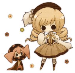  1girl beret black_eyes blonde_hair blush boots bow bowtie charlotte_(madoka_magica) chibi collar corset creature detached_sleeves drill_hair flower hand_up hat hat_ornament lastworry111 lowres mahou_shoujo_madoka_magica medium_hair multicolored_boots no_sclera puffy_short_sleeves puffy_sleeves short_sleeves skirt socks third-party_source tomoe_mami tomoe_mami_(magical_girl) transparent_background twin_drills two-tone_boots witch_(madoka_magica) yellow_bow yellow_bowtie yellow_skirt zettai_ryouiki 