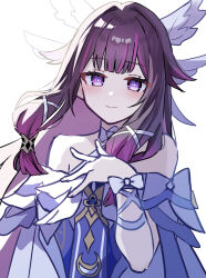  1girl absurdres bare_shoulders blunt_bangs blush brown_hair columbina_(genshin_impact) facing_viewer genshin_impact gradient_hair h2o_omizu hair_ornament hand_on_own_chest head_wings highres light_smile long_hair looking_at_viewer multicolored_hair no_mask purple_hair simple_background solo streaked_hair upper_body violet_eyes white_background wings x_hair_ornament 