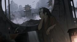  1boy architecture axis_powers_hetalia baggy_pants bird bird_wings black_hair black_pants bridge brown_eyes brown_hanfu building bush candle candlestand china_(hetalia) chinese_clothes closed_mouth commentary crow day east_asian_architecture feet_out_of_frame hair_bun hand_on_own_chin hand_up hanfu highres indoors lantern long_hair long_sleeves looking_to_the_side low_ponytail male_focus mountain pants ponytail round_window sidelocks sitting sky smoke solell10 solo spread_legs table tablecloth untranslatable_commentary white_sky wide_sleeves window wings 