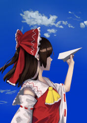  1girl absurdres arm_up ascot bare_shoulders bow closed_mouth collared_shirt commentary_request day detached_sleeves frilled_bow frilled_shirt_collar frills from_side hair_bow hakurei_reimu highres long_hair long_sleeves nimo_(nimofumo) outdoors paper_airplane red_bow red_shirt ribbon-trimmed_sleeves ribbon_trim shirt sleeveless sleeveless_shirt solo touhou upper_body white_sleeves wide_sleeves yellow_ascot 