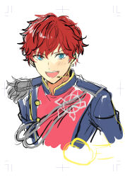  1boy absurdres amagi_hiiro blue_eyes commentary_request cropped_torso ei_(eisan_uranoura) ensemble_stars! epaulettes headset highres looking_at_viewer male_focus official_alternate_costume open_mouth red_hair satellite_(ensemble_stars!) short_hair simple_background single_epaulette smile solo sweat teeth unfinished upper_teeth_only white_background 