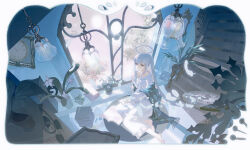  1girl absurdres artist_request barefoot blue_archive book clock halo high_ponytail highres light_bulb long_hair looking_to_the_side noa_(blue_archive) noa_(pajamas)_(blue_archive) pajamas partially_shaded_face ponytail shawl sidelocks sitting solo stairs violet_eyes white_hair white_halo white_pajamas 