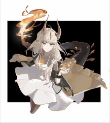  arknights black_background black_horns black_tail blonde_hair commentary_request cropped_legs dragon_girl dragon_horns dragon_tail dress fire flame-tipped_tail flower highres horns infection_monitor_(arknights) light_in_heart multiple_horns outside_border reed_(arknights) reed_the_flame_shadow_(arknights) simple_background tail very_long_tail white_dress white_flower yomo_mochi3190 