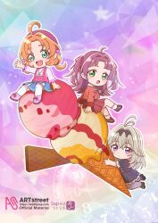  3girls :d :o ahoge akechi_anna antenna_hair aqua_eyes arm_support arm_up artist_logo asukamama89 beret black_capelet black_dress black_shoes blazer blunt_bangs blunt_ends blush boots brown_hair brown_shoes buttons capelet chibi chibi_only clinging clock closed_mouth colorful_background commentary crossed_bangs curtained_hair dot_mouth dot_nose double-breasted double_bun dress expressionless food frilled_dress frills full_body gold_buttons gradient_background green_eyes grey_pantyhose hair_between_eyes hair_bun hair_intakes hair_ribbon hat highres ice_cream ice_cream_cone jacket jewelry kobayashi_mikuru leg_up loafers logo long_hair long_sleeves looking_at_viewer mary_janes medium_dress medium_hair meitantei_precure! miniskirt moria_luluka multiple_girls multiple_scoops neck_ribbon open_hand open_mouth orange_hair orange_jacket outline pantyhose parted_bangs pendant pink_ribbon pink_shirt pleated_skirt precure purple_boots purple_hair purple_hat purple_shirt rainbow_background raised_eyebrows red_skirt ribbon shirt shoes sidelocks sitting skirt smile socks spread_fingers teeth thigh-highs two-tone_shirt two_side_up upper_teeth_only violet_eyes wafer waving white_outline white_shirt white_socks white_thighhighs 