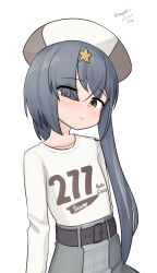  1girl absurdres belt beret brown_eyes clothes_writing commentary_request grey_hair grey_hat grey_skirt hair_ornament hair_over_one_eye hat highres kantai_collection long_hair maru_(marg0613) official_alternate_costume one-hour_drawing_challenge scamp_(kancolle) scamp_(zuiun_festival)_(kancolle) shirt side_ponytail simple_background skirt solo star_(symbol) star_hair_ornament two-tone_hat upper_body white_background white_shirt 