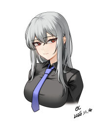  1girl absurdres alter_kamerade artist_name black_shirt blue_necktie breasts closed_mouth commentary_request cropped_torso dated grey_hair highres light_blush lips long_hair long_sleeves looking_at_viewer medium_breasts necktie original red_eyes shirt sidelocks simple_background solo upper_body white_background 
