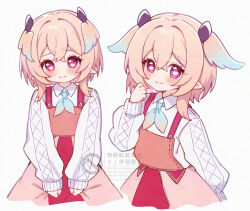  1girl alternate_costume apron blush closed_mouth commentary_request genshin_impact hair_intakes head_wings heart heart-shaped_pupils highres linnea_(genshin_impact) looking_at_viewer momochiwood multiple_views pink_apron pink_eyes pink_hair pointy_ears shirt short_hair_with_long_locks sidelocks smile symbol-shaped_pupils watermark white_shirt wings 