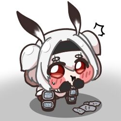 1girl alvis_(last_origin) blush_stickers candy_wrapper chibi chibi_only chocolate chocolate_on_face clooliss commentary_request eating food food_on_face gloves gradient_hair hairband highres korean_commentary last_origin looking_at_viewer multicolored_hair puffy_cheeks red_eyes shin_guards short_hair solo squatting thick_eyebrows two_side_up white_hair 