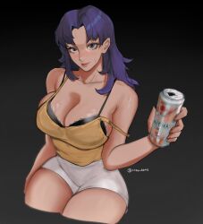  1girl artist_name beer_can black_bra blush bra breasts can cropped_legs drink_can hand_on_own_thigh highres holding holding_can katsuragi_misato large_breasts long_hair looking_at_viewer neon_genesis_evangelion off_shoulder purple_hair shorts smile solo sweat tank_top thick_thighs thighs uchihaniray underwear white_shorts yellow_tank_top 