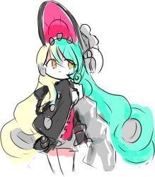  1girl doresodayu drill_hair duel_monster hair_between_eyes highres kewl_tune_rotary large_hat long_hair multicolored_hair solo twin_drills two-tone_hair white_background yellow_eyes yu-gi-oh! 