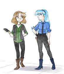  2girls arm_behind_back black_necktie black_pants blonde_hair blue_boots blue_eyes blue_hair blue_shirt boots brown_boots commentary contemporary english_commentary green_eyes green_shirt hand_on_own_hip highres holding holding_phone karin-rodd long_hair magic_knight_rayearth multiple_girls necktie pants phone round_eyewear ryuuzaki_umi shidou_hikaru shirt short_hair sleeves_rolled_up 