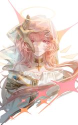  1girl 404_xuwu_fanmai_ji absurdres ambience_synesthesia arknights bare_shoulders chinese_commentary closed_mouth commentary_request detached_wings disembodied_hand facial_mark gold_collar gold_trim halo highres lemuen_(arknights) lemuen_(requiem_vesperis)_(arknights) long_hair looking_at_viewer mark_under_eye official_alternate_costume pink_eyes pink_hair see-through_clothes see-through_veil simple_background smile solo sparkle star_pendant teardrop_facial_mark traditional_halo upper_body veil white_background white_veil wings 