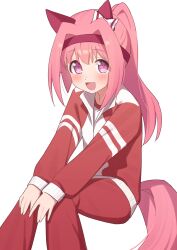  1girl absurdres animal_ears blush bow ear_bow ear_covers flower-shaped_pupils flower_in_eye freely2327 hairband haru_urara_(umamusume) headband highres horse_ears horse_girl horse_tail jacket long_hair open_mouth pants pink_eyes pink_hair pink_headband ponytail red_headband red_jacket red_pants red_track_suit shirt simple_background sitting smile solo symbol-shaped_pupils symbol_in_eye tail tracen_training_uniform track_jacket track_pants track_suit umamusume white_background white_shirt 