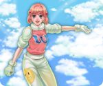  :d a.mizu blue_eyes blush cloud clouds curly_hair gloves happy open_mouth pants pastel_(twinbee) pink_hair shirt short_hair sky smile solo sparkle twinbee 