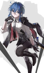  1girl absurdres belt black-framed_eyewear black_belt black_gloves black_necktie black_pantyhose black_skirt blue_eyes blue_hair boots ciel-sensei_(fate) ciel_(tsukihime) collared_shirt cross cross_print fate/grand_order fate_(series) feijiu finger_to_own_chin full_body gloves high_heel_boots high_heels highres knee_boots leaning_forward leg_up light_smile looking_at_viewer necktie pantyhose scabbard sheath sheathed shirt sidelocks skirt solo star_(symbol) white_shirt 