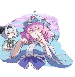  2girls black_bow black_hairband blue_hat blue_kimono bow bow_hairband cherry_blossoms closed_eyes commentary_request dango food green_vest hairband hat holding japanese_clothes kimono konpaku_youmu mob_cap multiple_girls pink_hair saigyouji_yuyuko shirt short_hair tenx2_1341 touhou vest wagashi white_hair white_shirt 
