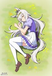  1girl absurdres ahoge animal_ears artist_name back_bow bow bowtie brown_shoes closed_eyes commentary day diamond_hairband ear_ornament frilled_skirt frills from_above grass highres horse_ears horse_girl kiyosuke_(kiyosuke023) loafers long_hair lying miniskirt oguri_cap_(umamusume) on_ground on_side outdoors parted_lips pleated_skirt puffy_short_sleeves puffy_sleeves purple_bow purple_bowtie purple_shirt school_uniform serafuku shirt shoes short_sleeves signature skirt sleeping solo summer_uniform thigh-highs tracen_school_uniform twitter_username umamusume white_skirt white_thighhighs 