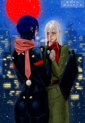  2girls alternate_costume alternate_universe android ariane_yeong artist_name belt blue_eyes blue_hair blush breath briefcase building closed_eyes coat commentary couple cowboy_shot elster_(signalis) english_commentary eyeshadow green_coat highres holding_hands krasmazoff long_hair makeup mittens multiple_girls night outdoors pink_scarf pom_pom_(clothes) red_eyeshadow red_scarf scarf short_hair signalis smile snowing standing white_hair yuri 