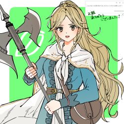  1girl axe bag battle_axe blonde_hair blue_robe border brown_bag brown_eyes brown_pupils cape character_request commentary_request commission green_background holding holding_axe long_hair looking_at_viewer octopath_traveler octopath_traveler:_champions_of_the_continent open_mouth outside_border rico_ot robe solo standing translation_request very_long_hair wavy_hair weapon white_border white_cape 