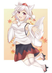  1girl animal_ear_fluff animal_ears black_skirt blush breasts commentary_request detached_sleeves fluffy_tail hand_on_own_chest hat highres inubashiri_momiji leaf leggings maple_leaf medium_breasts open_mouth pom_pom_(clothes) red_eyes red_hat red_skirt shoes skirt smile tail tengu touhou user_vehc5838 white_background white_hair white_leggings white_tail wolf_ears wolf_girl wolf_tail 