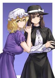  2girls black_capelet black_hat black_skirt blonde_hair blue_background border bow breasts brown_eyes brown_hair buttons capelet ceramic_sierra collared_shirt commentary_request cowboy_shot crossed_arms double-parted_bangs dress fedora fingernails frilled_sleeves frills from_side grin hair_between_eyes hair_over_one_eye hand_on_another's_shoulder hat hat_bow highres interlocked_fingers large_breasts long_shirt long_sleeves looking_at_viewer maribel_hearn mob_cap multiple_girls open_mouth outside_border own_hands_clasped own_hands_together purple_background purple_dress shirt short_hair short_sleeves skirt smile touhou usami_renko white_border white_bow white_hat white_shirt yellow_eyes 