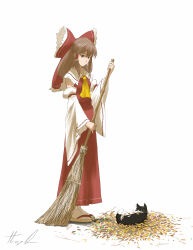  1girl absurdres ascot autumn_leaves bamboo_broom black_cat bow breasts broom brown_eyes brown_hair cat commentary_request detached_sleeves frilled_bow frilled_hair_tubes frills full_body hair_bow hair_tubes hakurei_reimu highres holding holding_broom leaf long_hair oubachiago procreate_(medium) red_bow red_skirt sandals skirt skirt_set small_breasts solo touhou yellow_ascot 