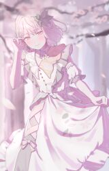  1other absurdres adjusting_hair akiyama_mizuki alternate_hair_length_(shorter) blurry blurry_background blurry_foreground blush buttons cherry_blossom_print cherry_blossoms choker closed_mouth colored_eyelashes commentary_request cowboy_shot crying crying_with_eyes_open detached_sleeves dot_nose dress eyelashes falling_petals fingernails floral_print floral_print_dress flower frilled_choker frilled_ribbon frilled_sleeves frills hand_up happy_tears highres holding_own_dress kizu_darake_no_te_de_watashi-tachi_wa_(project_sekai) leaf light_blush mm_alcohol nail_polish nose_blush official_alternate_costume official_alternate_hairstyle other_focus petals pink_eyes pink_hair pink_nails pink_theme print_dress project_sekai puffy_detached_sleeves puffy_sleeves ribbon ribbon_choker solo tears upper_body white_choker white_dress white_flower white_ribbon 
