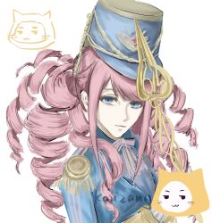  1girl :3 absurdres animal blazer blue_eyes blue_hat blue_jacket blue_shirt bow bowtie cat chinese_commentary closed_mouth clothed_animal commentary_request drill_hair ear_covers epaulettes hat head_only highres hood hood_up infinity_nikki jacket lips long_hair long_sidelocks long_sleeves military_uniform momo_(nikki) nikki_(series) pink_hair purple_bow purple_bowtie shako_cap shirt sidelocks signature simple_background sleeve_cuffs smile stylist_(nikki) swept_bangs tw42095067 twintails upper_body wavy_hair white_background white_cat yellow_hood 