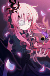  1girl absurdres bandaged_arm bandages black_corset black_dress chuunibyou closed_mouth commentary_request corset dress expressionless eyepatch falling_petals flower gagaku_kawa_rei gothic_lolita half_mask hata_no_kokoro highres lolita_fashion long_hair looking_at_viewer mask medical_eyepatch neck_flower petals pink_eyes pink_hair purple_petals red_flower red_rose rose solo touhou touhou_lostword 