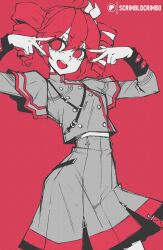  absurdres ahoge commentary double_v drill_hair grey_jacket grey_skirt hair_ribbon highres jacket kasane_teto kasane_teto_(sv) looking_at_viewer midriff_peek nail_polish open_mouth patreon_logo patreon_username red_background red_eyes red_hair red_nails red_theme ribbon scrimblocrimbo skirt synthesizer_v teeth twin_drills upper_teeth_only utau v white_ribbon 