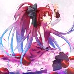  apple apple_core aya003030 between_legs blue_hair food fruit gradient_hair hand_between_legs long_hair mahou_shoujo_madoka_magica multicolored_hair pantyhose ponytail profile red_eyes red_hair redhead sakura_kyouko sitting solo thighhighs wariza 