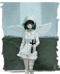  1girl absurdres angel angel_wings black_hair commentary copyright_request cross dress feathered_wings frilled_hairband frills grass graveyard hairband highres holding latin_cross lolita_(nabokov) lolita_fashion lolita_hairband long_sleeves looking_at_viewer mika_030 outdoors short_hair shorts socks solo white_dress white_shorts white_wings wings 