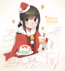  1girl absurdres anchor_symbol bell blush breasts brown_hair christmas coat commentary_request cup dated english_text fake_facial_hair fake_mustache fubuki_(kancolle) fur-trimmed_headwear fur-trimmed_sailor_collar fur_trim green_eyes hair_between_eyes hat highres holding holding_cup holding_plate kantai_collection long_sleeves looking_at_viewer low_ponytail ma_rukan medium_breasts merry_christmas mini_hat neck_bell open_clothes open_coat plate ponytail red_coat red_hat santa_costume sidelocks signature solo sparkle tilted_headwear white_background 