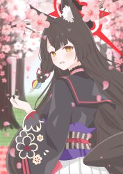  1girl absurdres animal_ears black_serafuku blue_archive blush brown_hair cherry_blossoms commentary_request falling_petals floral_print fox_ears from_behind hair_intakes halo highres long_hair looking_at_viewer looking_back mochiusa_cocoa obi open_mouth petals sash school_uniform serafuku wakamo_(blue_archive) yellow_eyes 