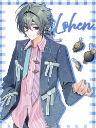  1boy alternate_costume amaguri_ya blue_hair blue_outline buttons character_name charm_(object) closed_mouth collared_shirt commentary_request crossed_bangs denim denim_jacket earrings genshin_impact hair_between_eyes hand_in_pocket highres jacket jewelry lohen_(genshin_impact) long_sleeves male_focus mole mole_under_eye necktie open_clothes outline pink_shirt shirt simple_background single_earring solo striped_clothes striped_necktie undone_necktie violet_eyes 