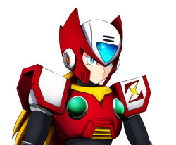  1boy absurdres android armor blonde_hair blue_eyes chest_jewel commentary_request forehead_jewel helmet highres long_hair looking_at_viewer mega_man_(series) mega_man_x_(series) ponytail red_armor red_helmet robot robot_ears shoulder_armor simple_background solo syoutoku_k5 upper_body very_long_hair white_background zero_(mega_man) 